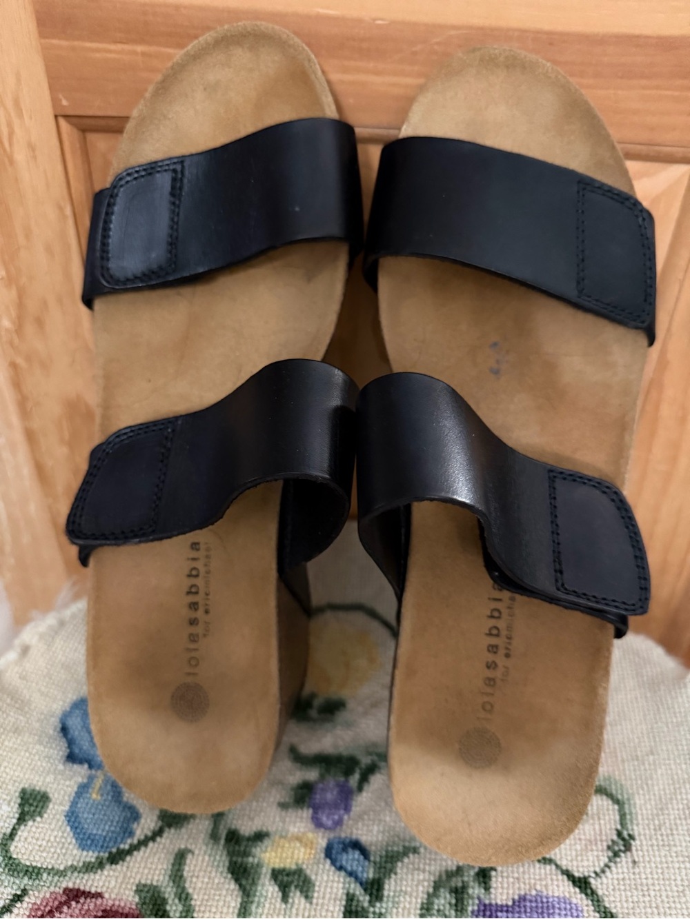Lola Sabbia for Eric Michael Black Two-Strap Slide Wedge  Sandals